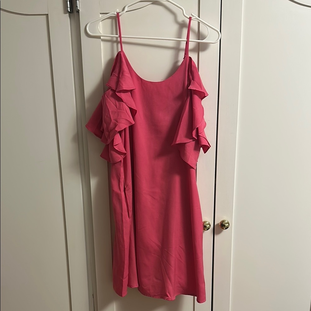 DAVI & DANI Asymmetrical Pink Ruffle Sleeve Dress